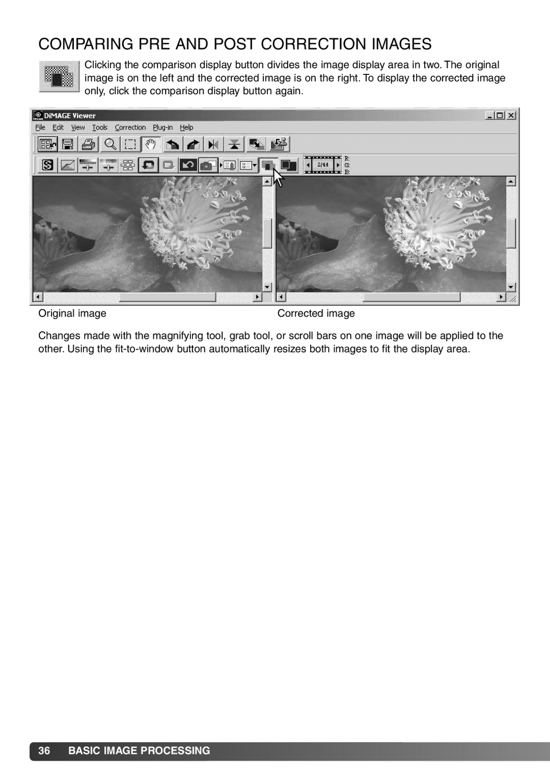 Konica Minolta DiMAGE Viewer instruction manual Comparing PRE and Post Correction Images 