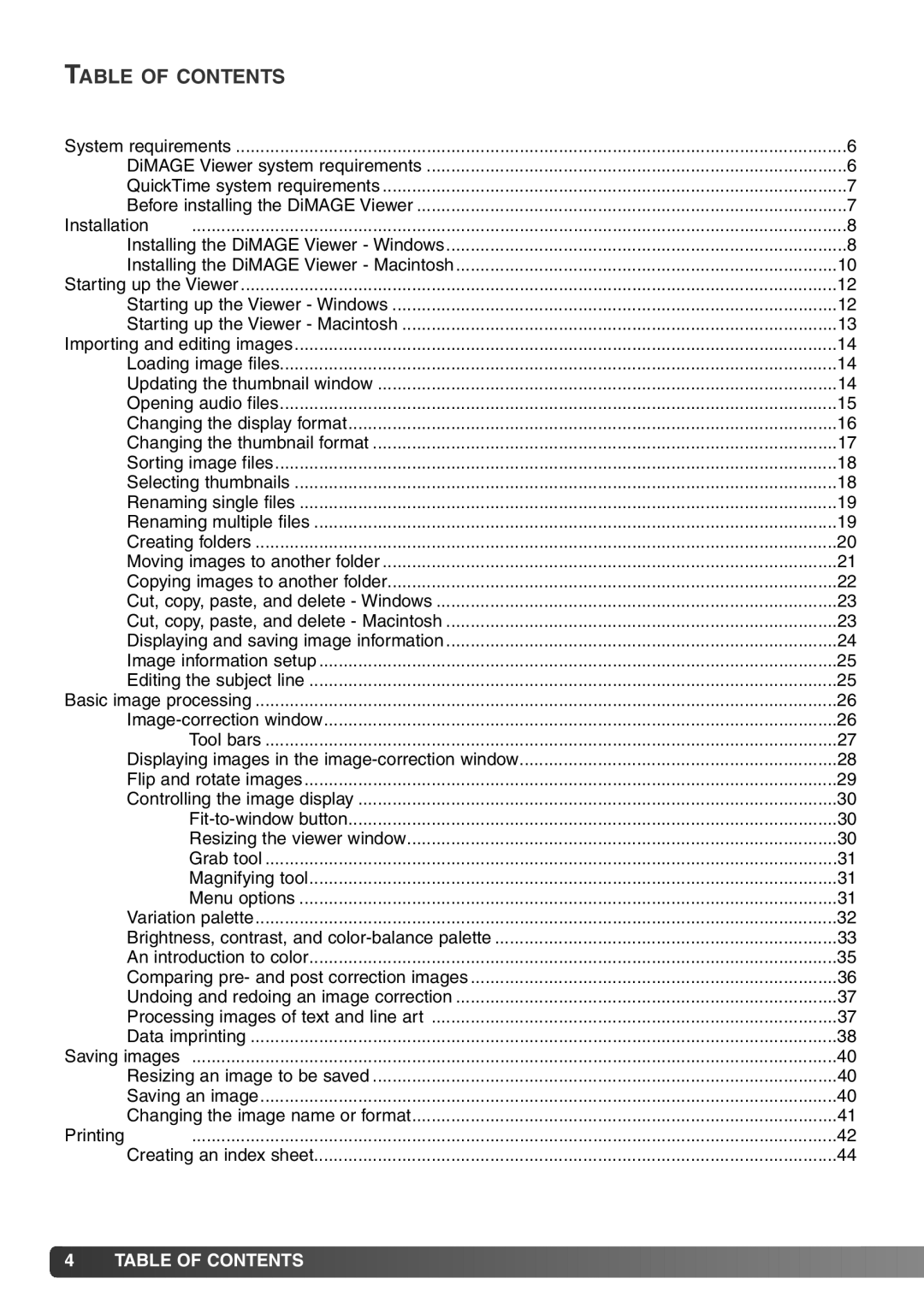 Konica Minolta DiMAGE Viewer instruction manual Table of Contents 