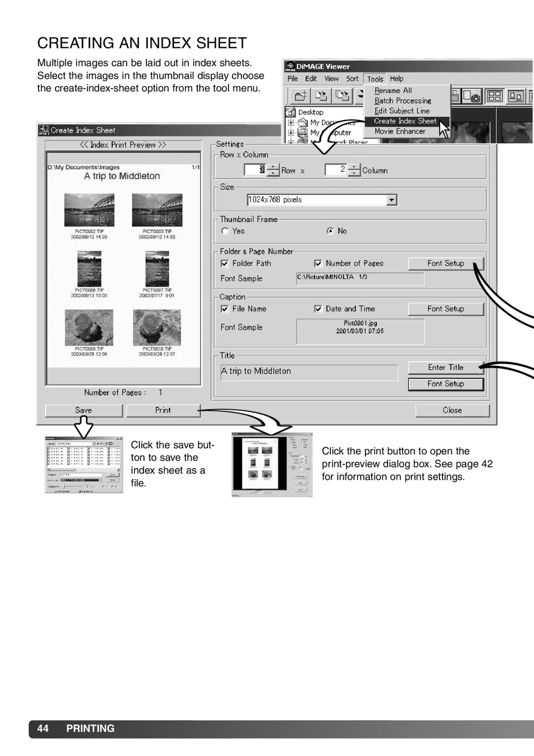 Konica Minolta DiMAGE Viewer instruction manual Creating AN Index Sheet 