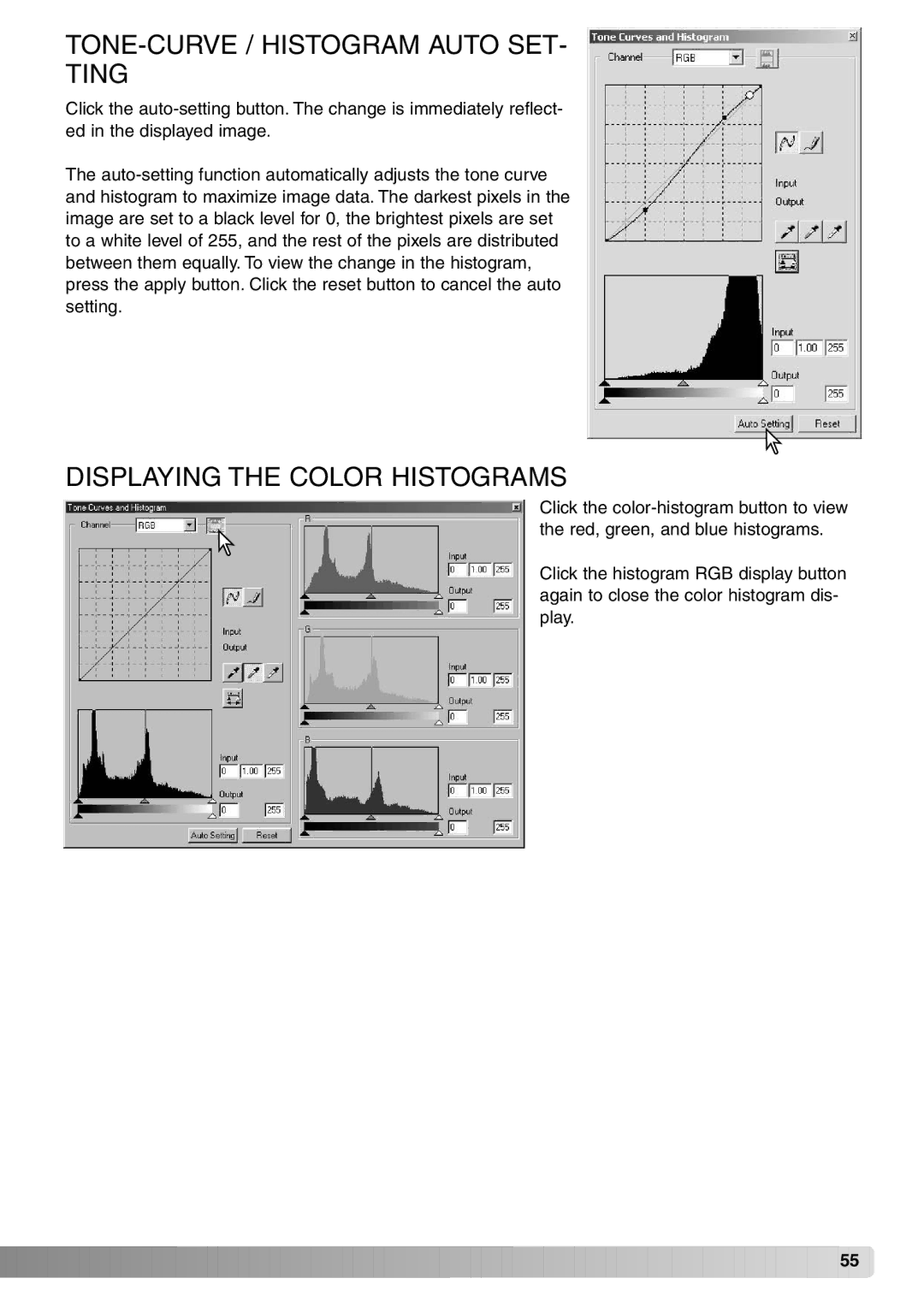 Konica Minolta DiMAGE Viewer instruction manual TONE-CURVE / Histogram Auto SET Ting, Displaying the Color Histograms 