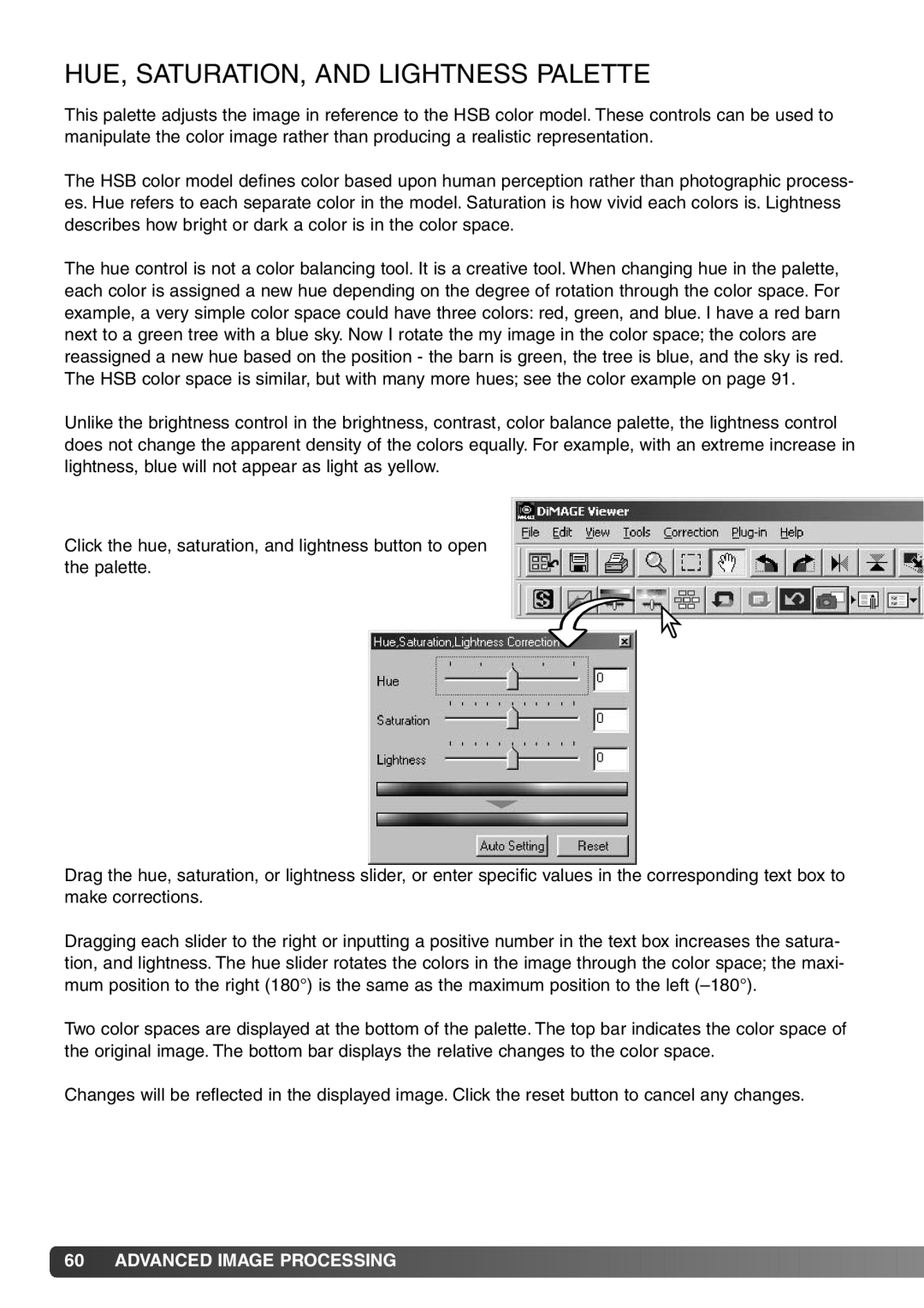 Konica Minolta DiMAGE Viewer instruction manual HUE, SATURATION, and Lightness Palette 