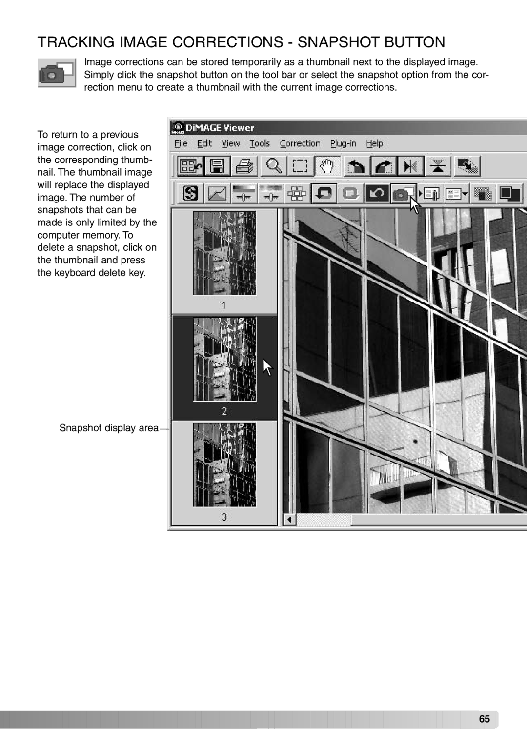 Konica Minolta DiMAGE Viewer instruction manual Tracking Image Corrections Snapshot Button 