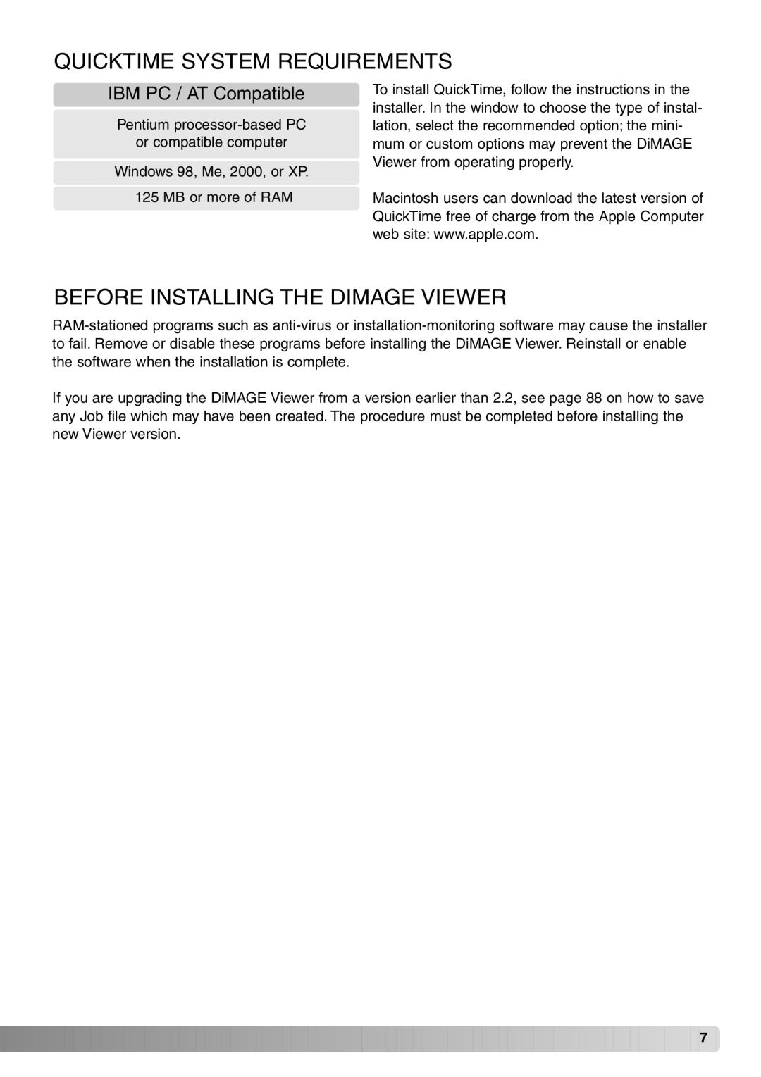 Konica Minolta DiMAGE Viewer instruction manual Quicktime System Requirements, Before Installing the Dimage Viewer 