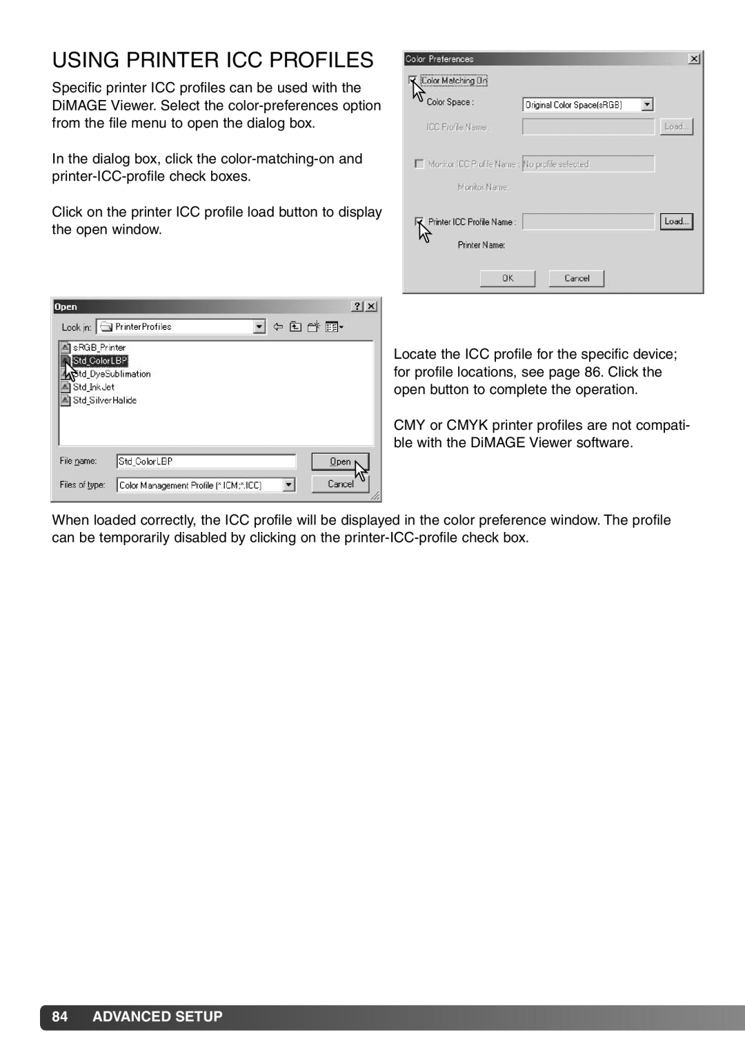 Konica Minolta DiMAGE Viewer instruction manual Using Printer ICC Profiles 