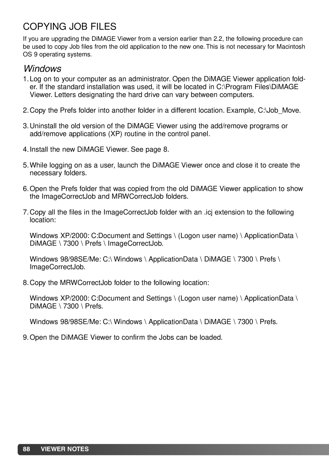 Konica Minolta DiMAGE Viewer instruction manual Copying JOB Files 