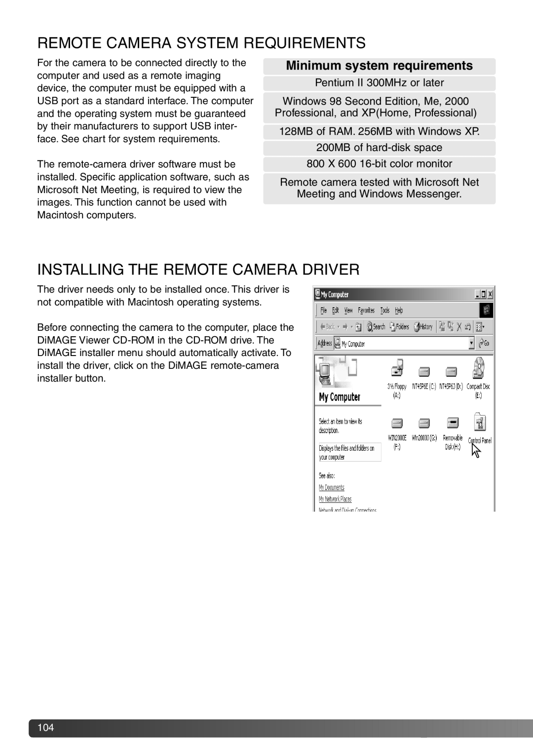 Konica Minolta Dimage X20 instruction manual Remote Camera System Requirements, Installing the Remote Camera Driver 