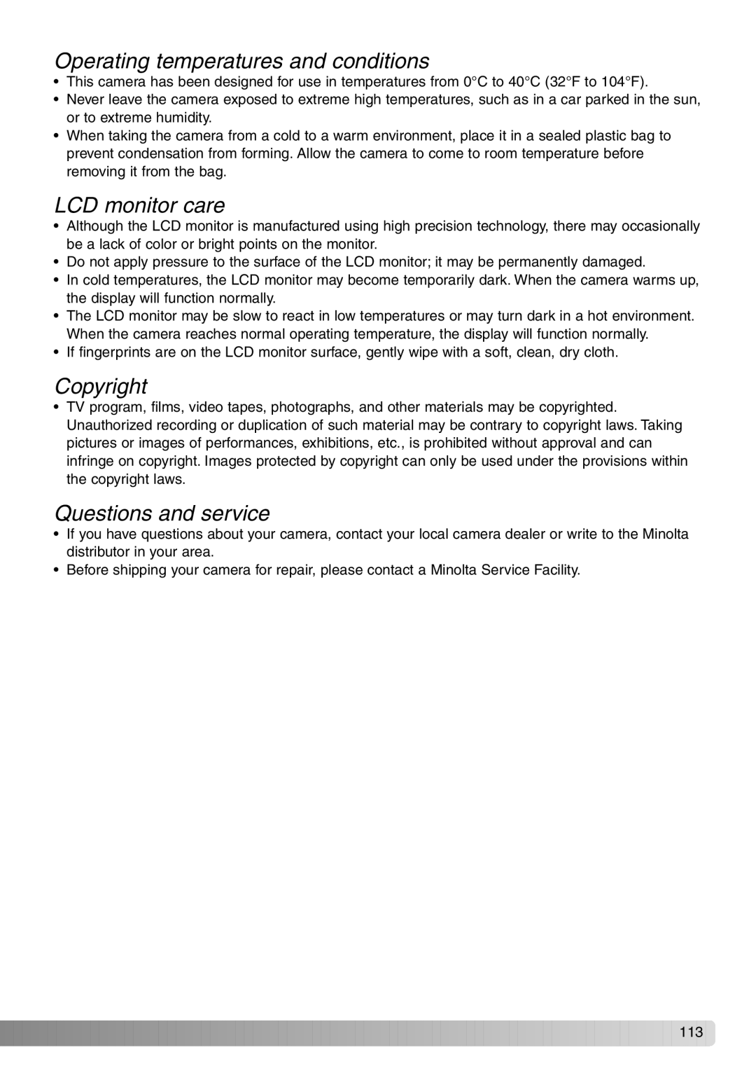 Konica Minolta Dimage X20 Operating temperatures and conditions, LCD monitor care, Copyright, Questions and service 