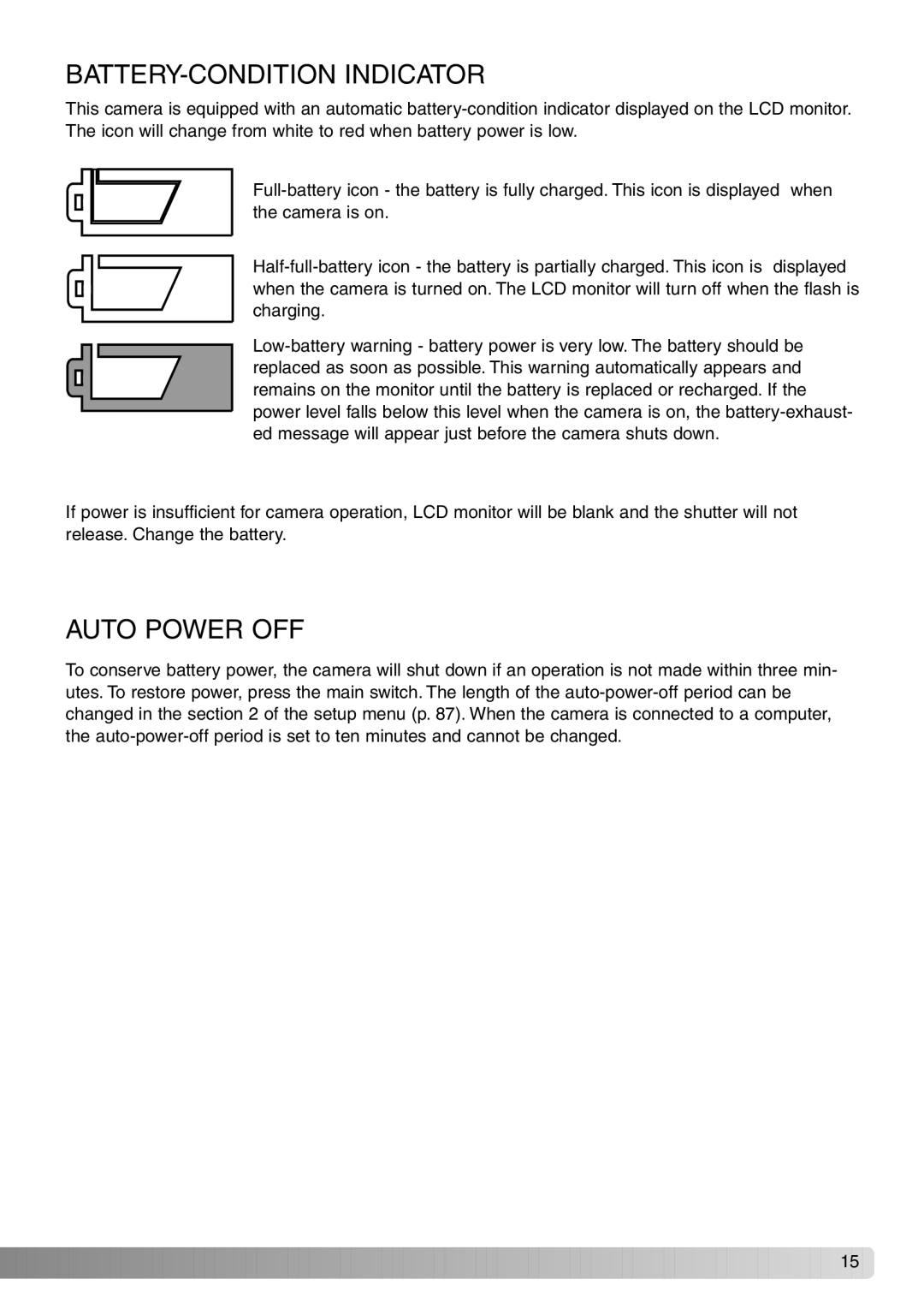 Konica Minolta Dimage X20 instruction manual BATTERY-CONDITION Indicator, Auto Power OFF 