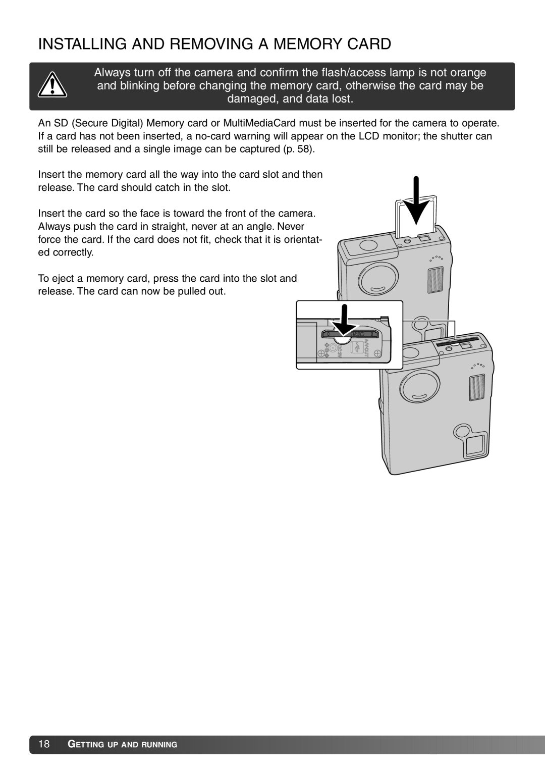 Konica Minolta Dimage X20 instruction manual Installing and Removing a Memory Card 