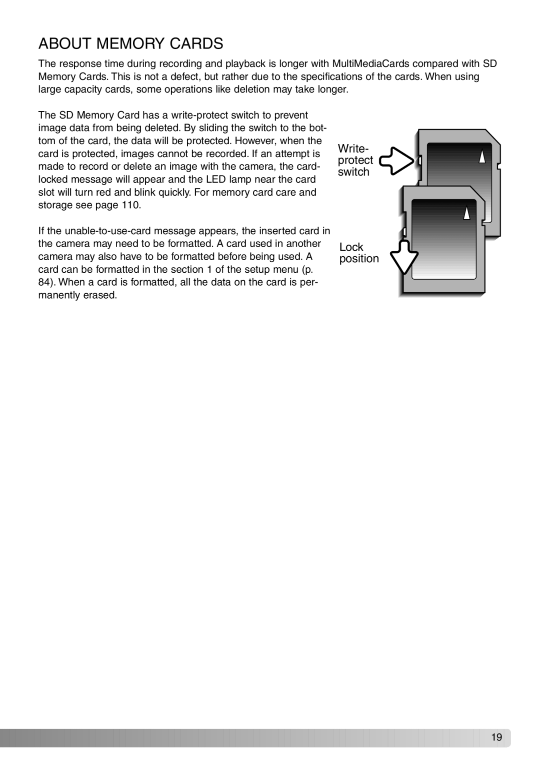 Konica Minolta Dimage X20 instruction manual About Memory Cards, Write- protect switch, Lock position 