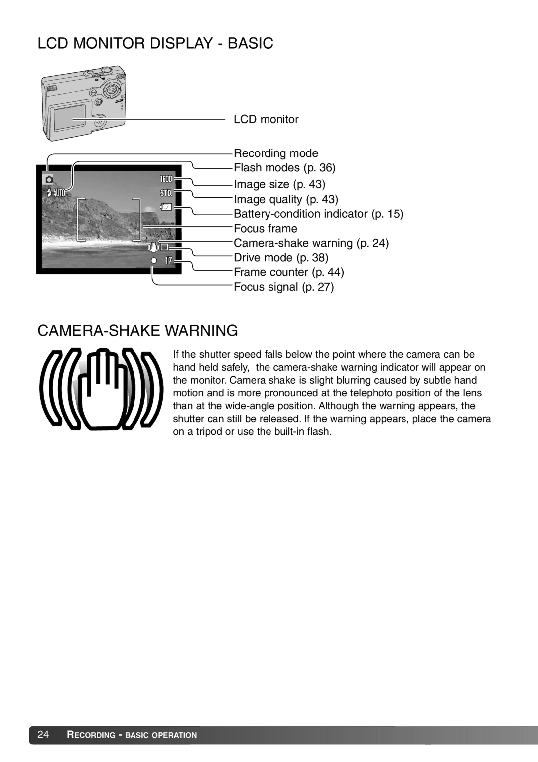 Konica Minolta Dimage X20 instruction manual LCD Monitor Display Basic, CAMERA-SHAKE Warning 