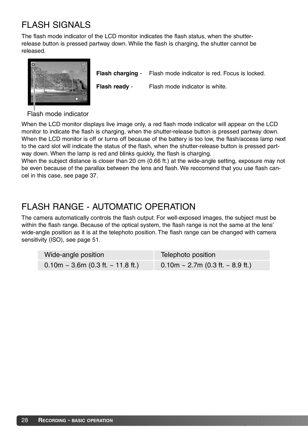 Konica Minolta Dimage X20 instruction manual Flash Signals, Flash Range Automatic Operation, Flash mode indicator 