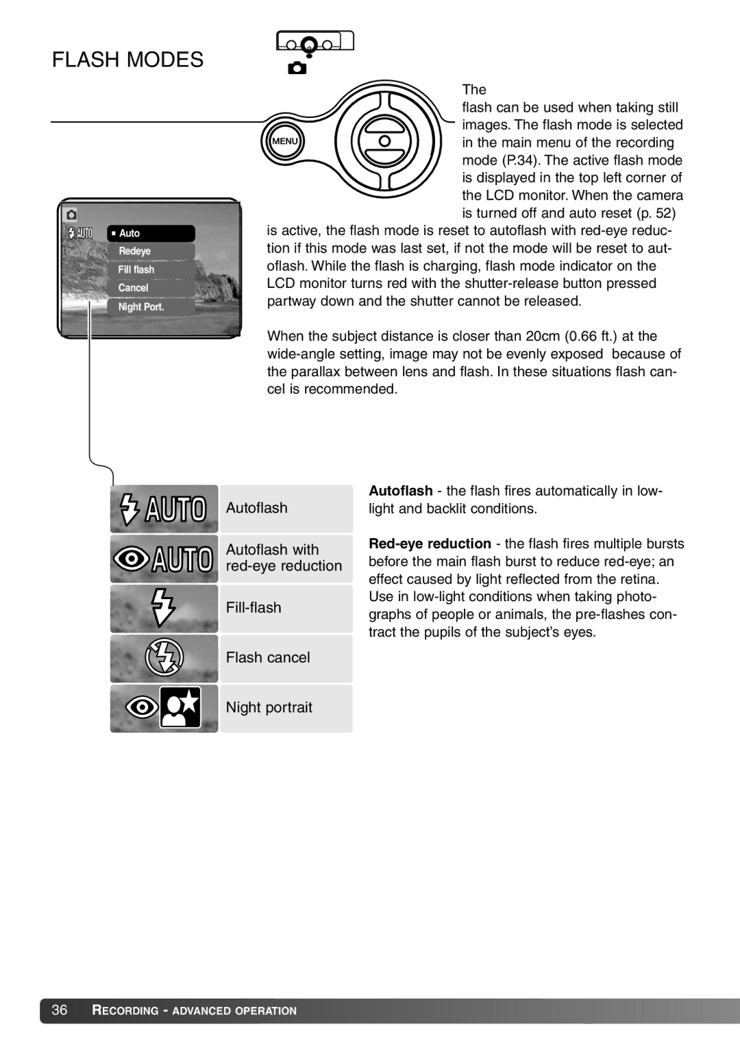 Konica Minolta Dimage X20 instruction manual Flash Modes 