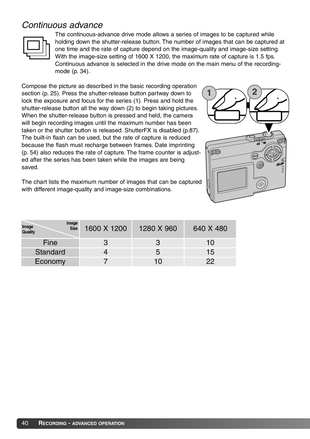 Konica Minolta Dimage X20 instruction manual Continuous advance 