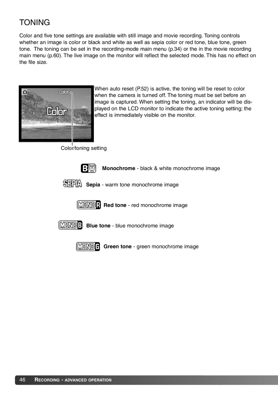 Konica Minolta Dimage X20 instruction manual Toning 