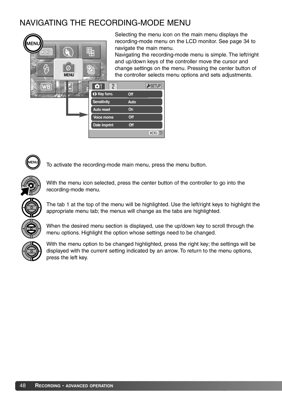 Konica Minolta Dimage X20 instruction manual Navigating the RECORDING-MODE Menu 