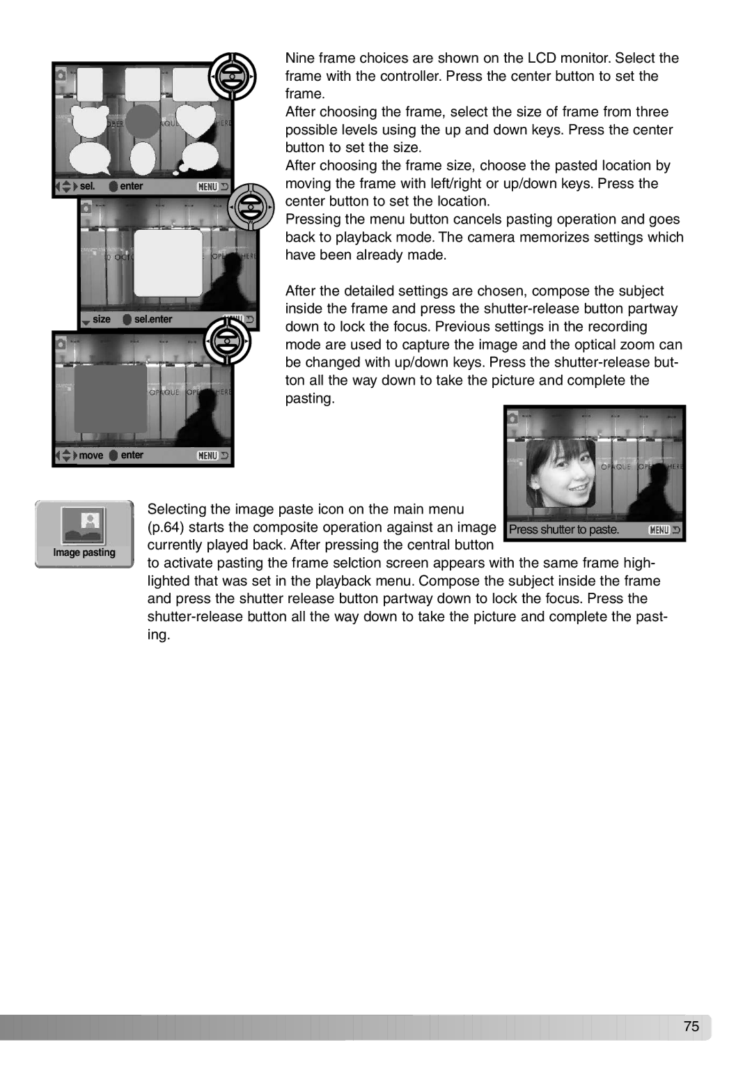 Konica Minolta Dimage X20 instruction manual Selecting the image paste icon on the main menu 