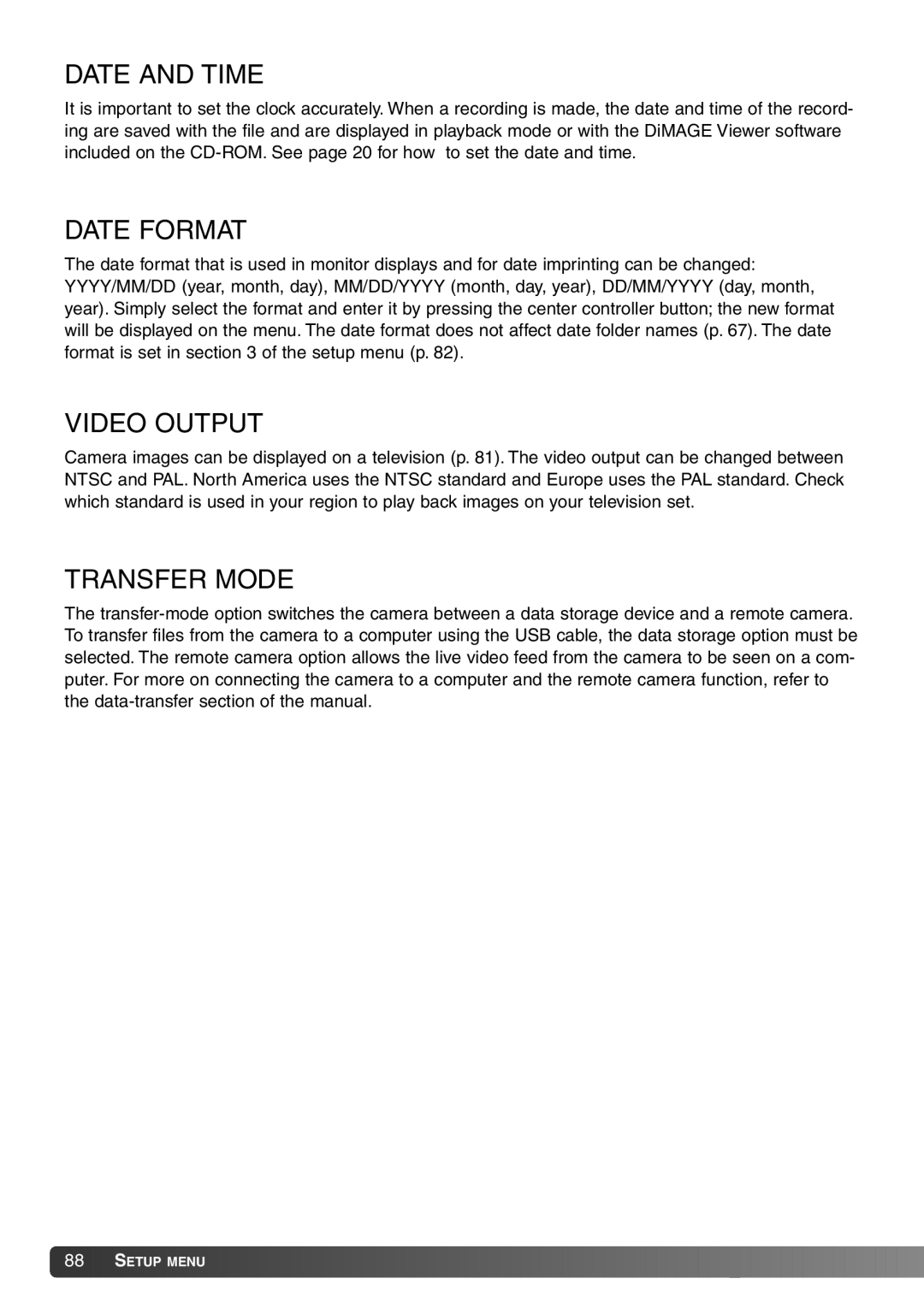 Konica Minolta Dimage X20 instruction manual Date and Time, Date Format, Video Output, Transfer Mode 