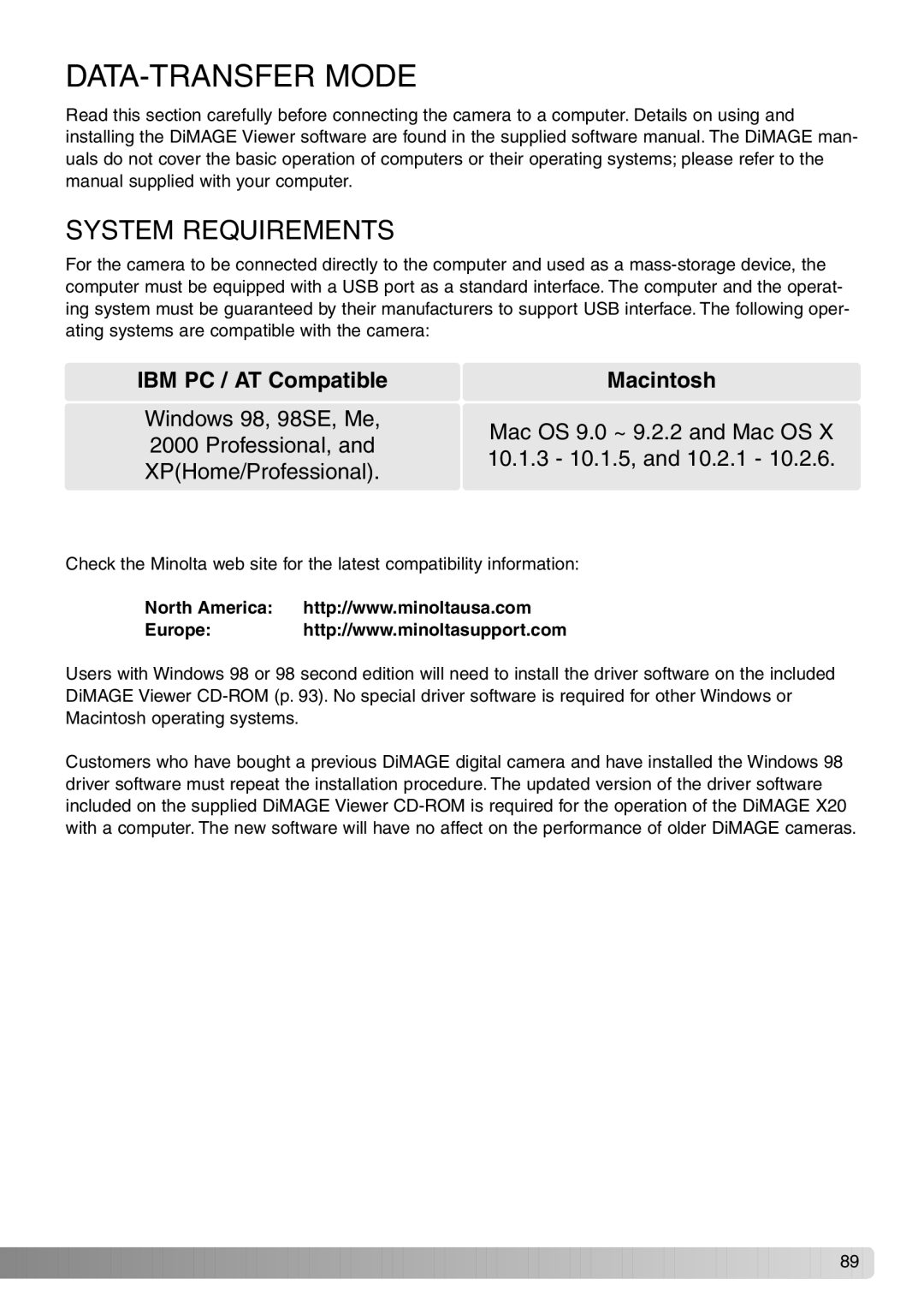 Konica Minolta Dimage X20 instruction manual DATA-TRANSFER Mode, System Requirements 