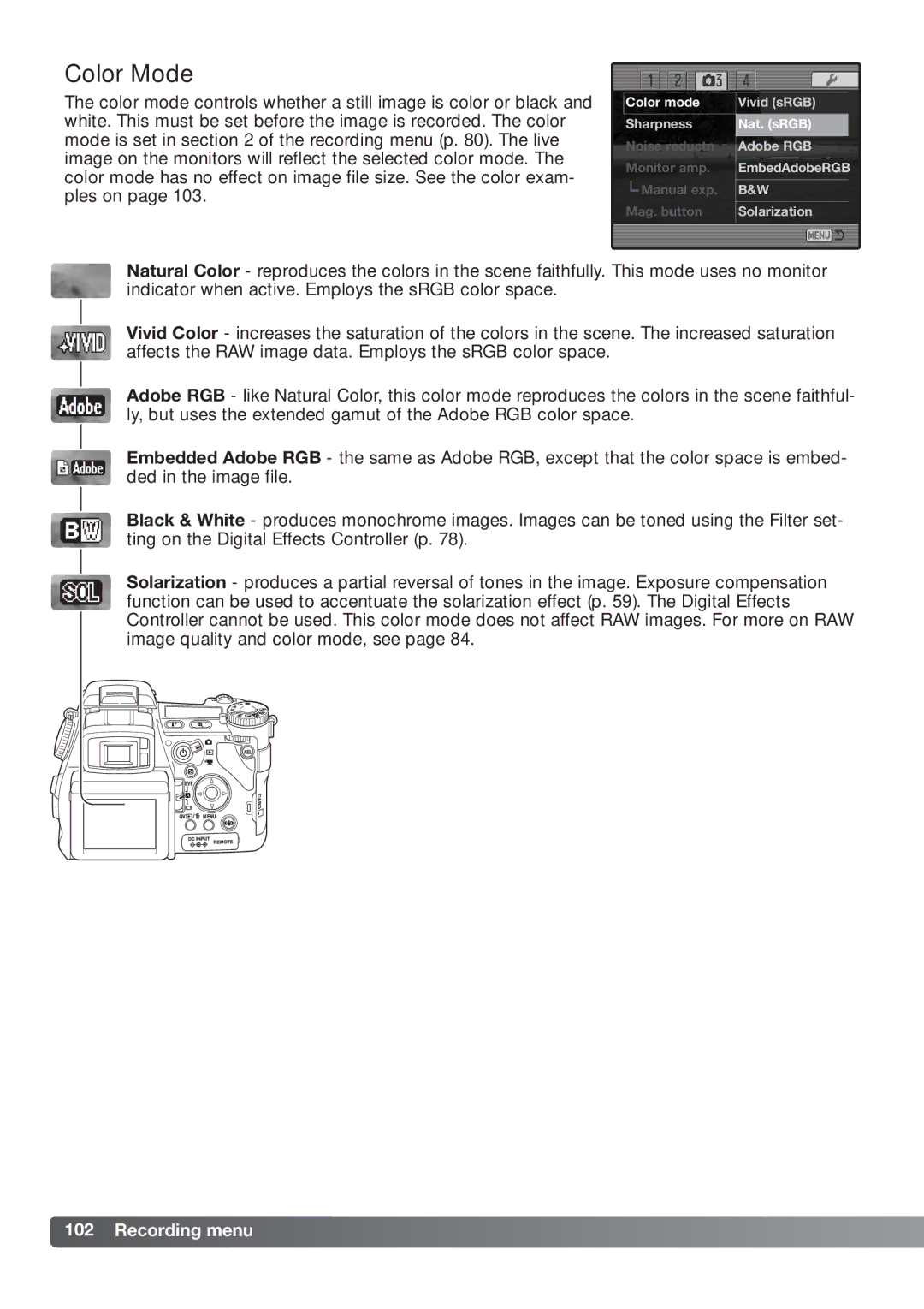 Konica Minolta DiMAGE_A2 instruction manual Color Mode 