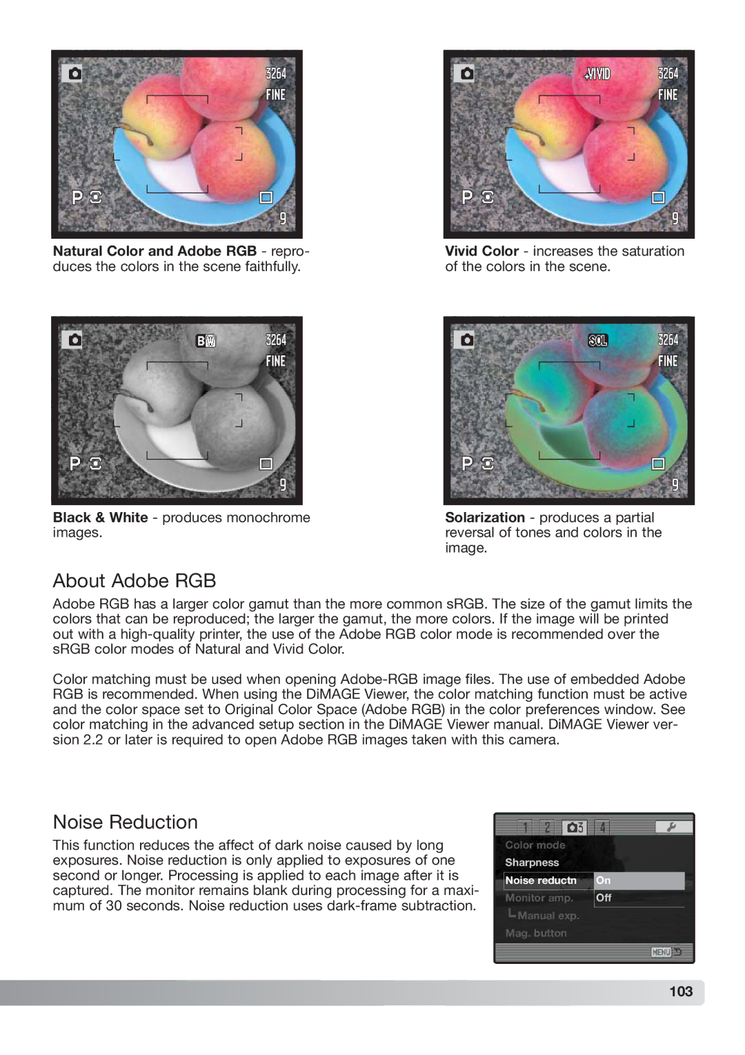 Konica Minolta DiMAGE_A2 instruction manual About Adobe RGB, Noise Reduction, Natural Color and Adobe RGB repro, 103 