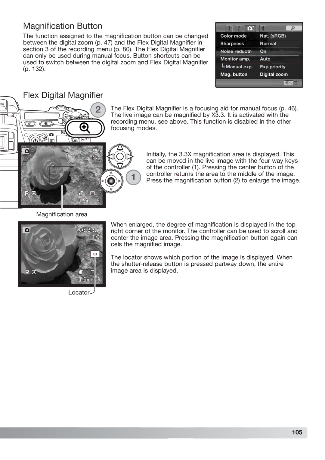 Konica Minolta DiMAGE_A2 instruction manual Magnification Button, Flex Digital Magnifier, 105 