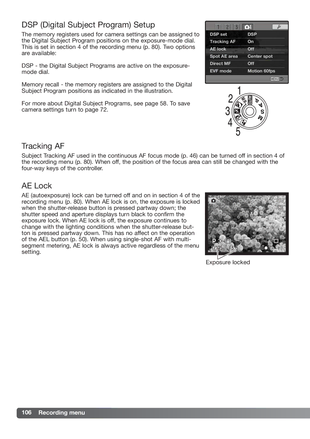 Konica Minolta DiMAGE_A2 instruction manual DSP Digital Subject Program Setup, Tracking AF, AE Lock 