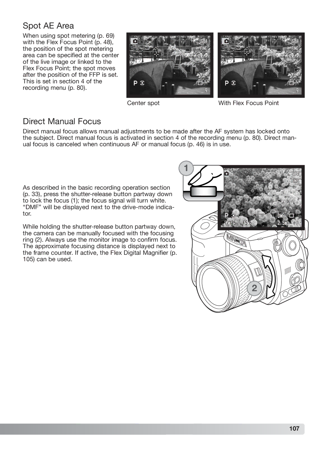 Konica Minolta DiMAGE_A2 instruction manual Spot AE Area, Direct Manual Focus, 107 
