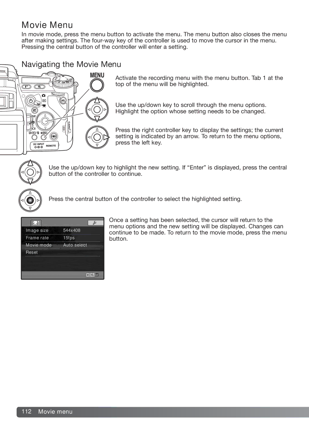 Konica Minolta DiMAGE_A2 instruction manual Navigating the Movie Menu, Movie menu 