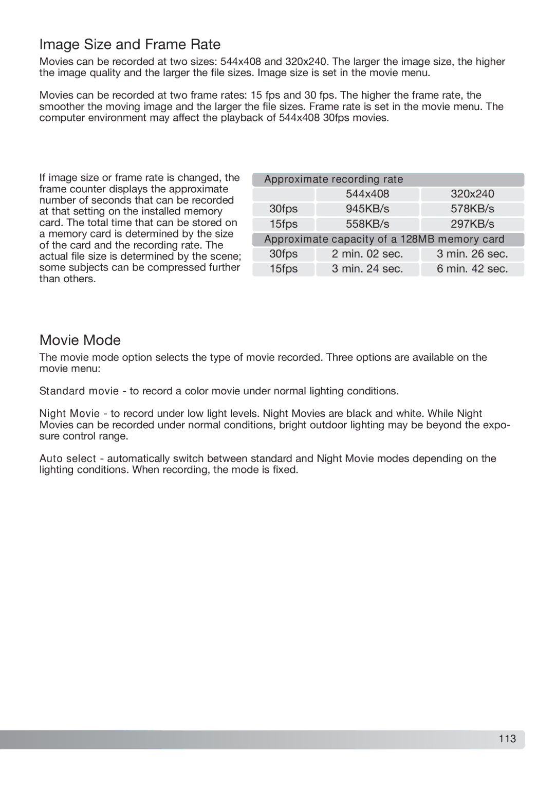 Konica Minolta DiMAGE_A2 instruction manual Image Size and Frame Rate, Movie Mode, Approximate recording rate, 113 