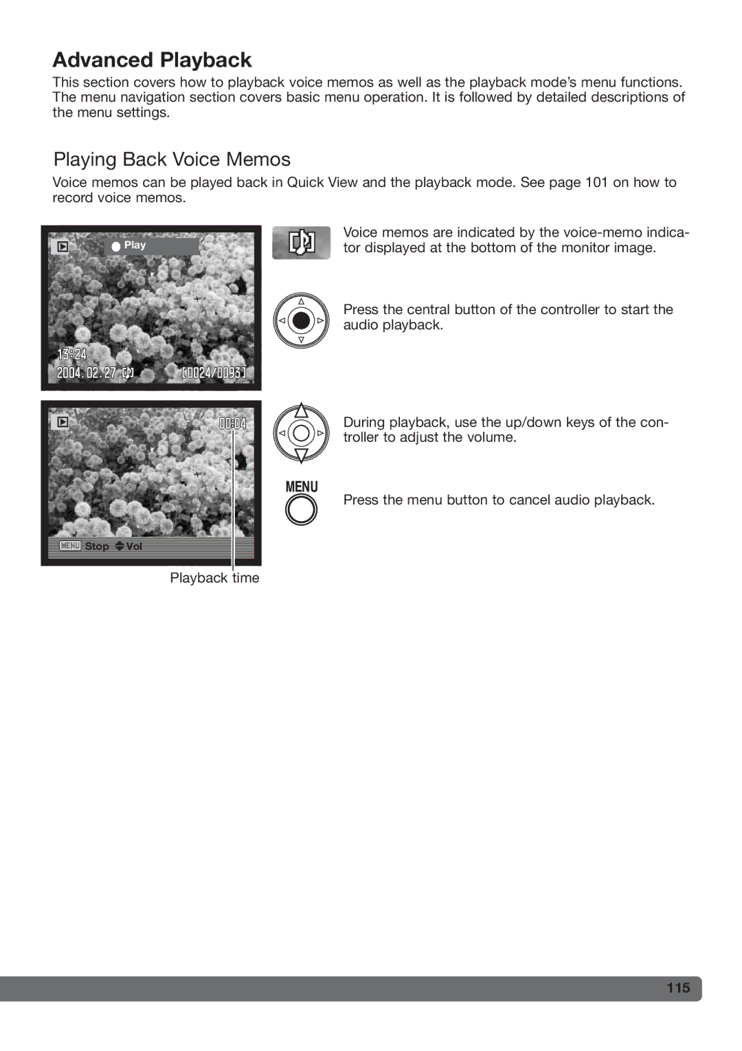 Konica Minolta DiMAGE_A2 instruction manual Advanced Playback, Playing Back Voice Memos, 115 