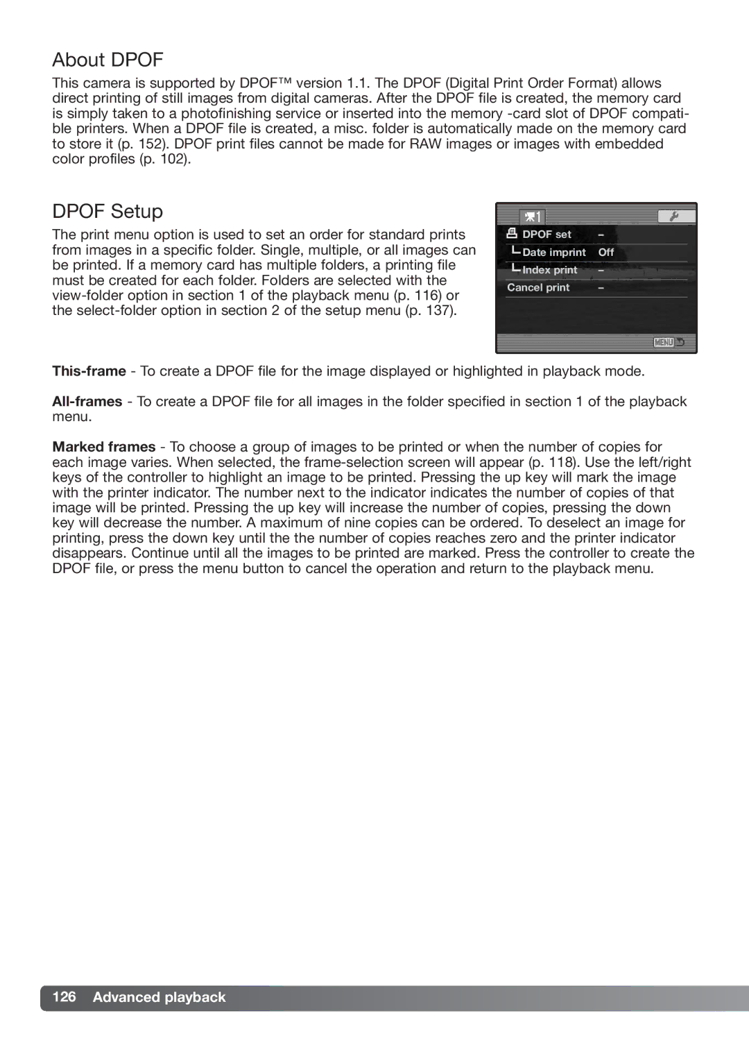 Konica Minolta DiMAGE_A2 instruction manual About Dpof, Dpof Setup 