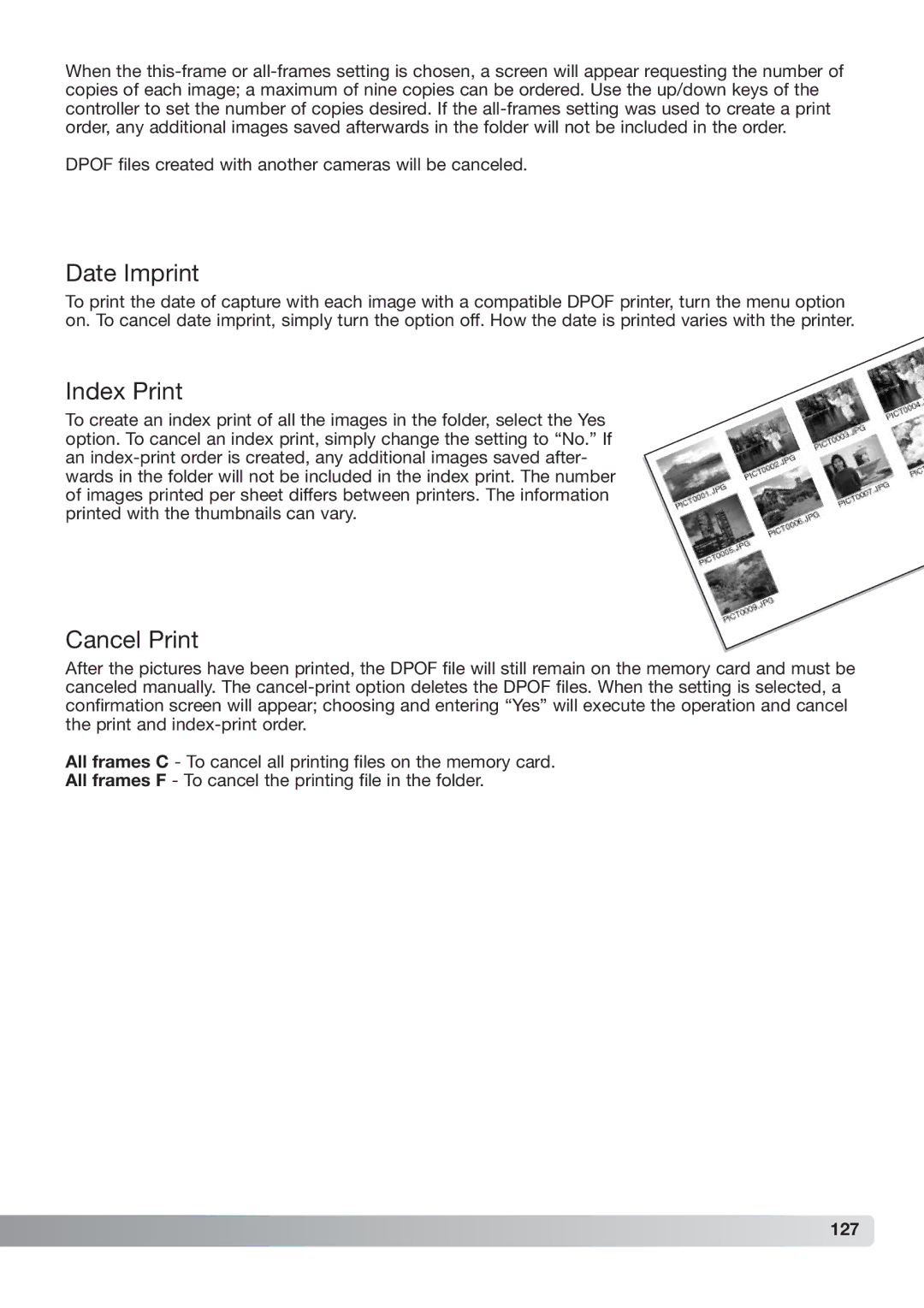 Konica Minolta DiMAGE_A2 instruction manual Date Imprint, Index Print, Cancel Print, 127 