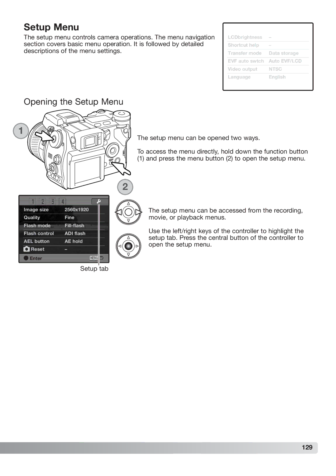 Konica Minolta DiMAGE_A2 instruction manual Opening the Setup Menu, Setup Tab, 129 