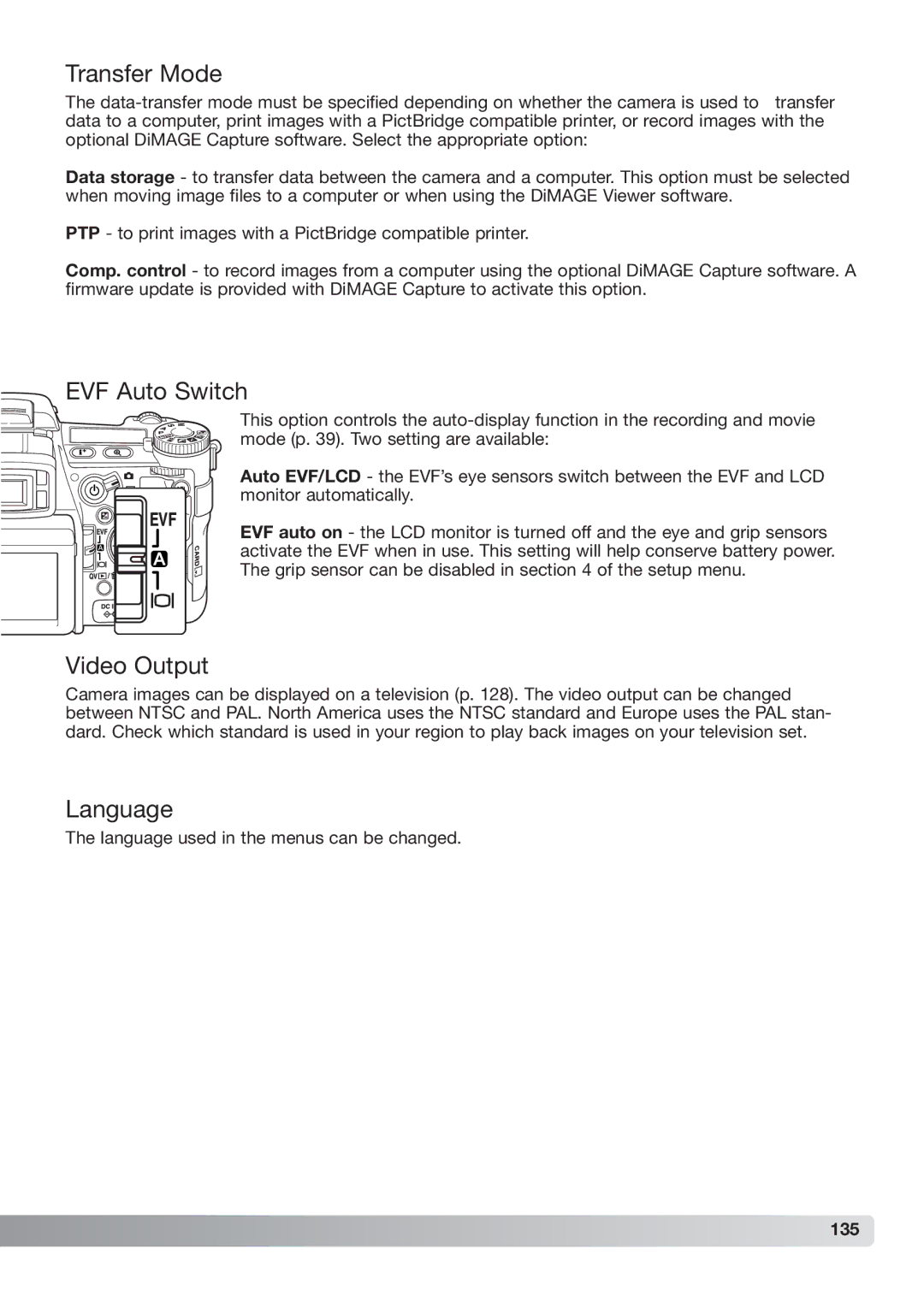 Konica Minolta DiMAGE_A2 instruction manual Transfer Mode, EVF Auto Switch, Video Output, Language, 135 