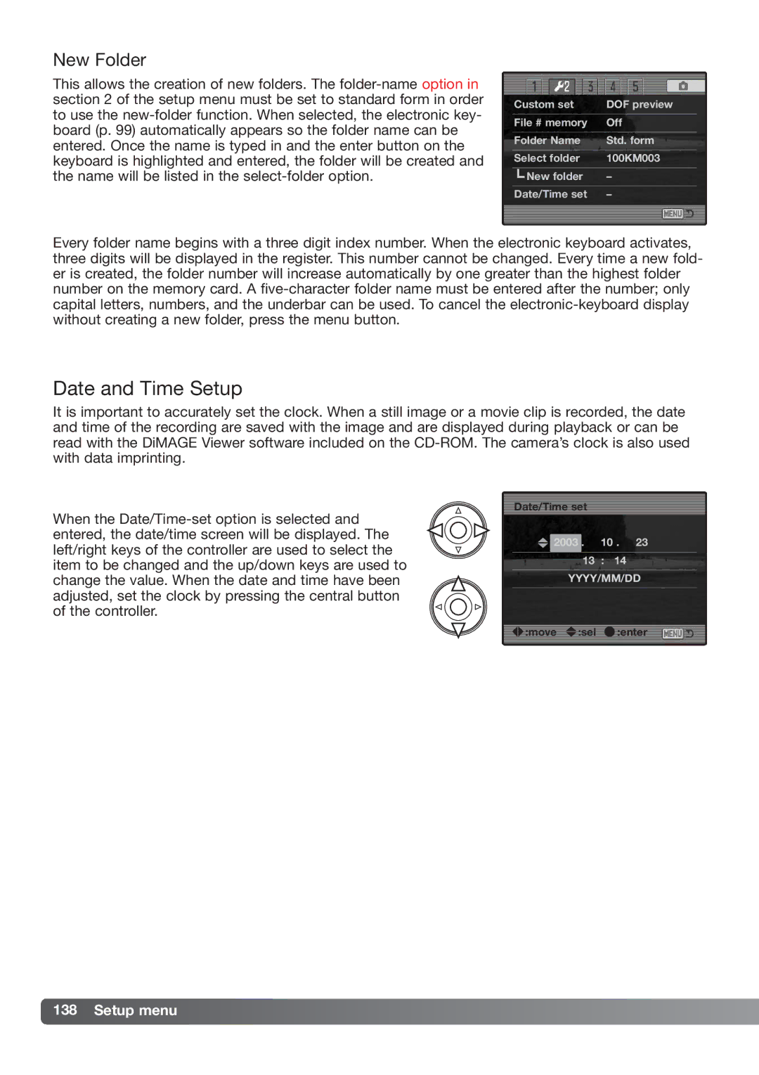 Konica Minolta DiMAGE_A2 instruction manual Date and Time Setup, New Folder 