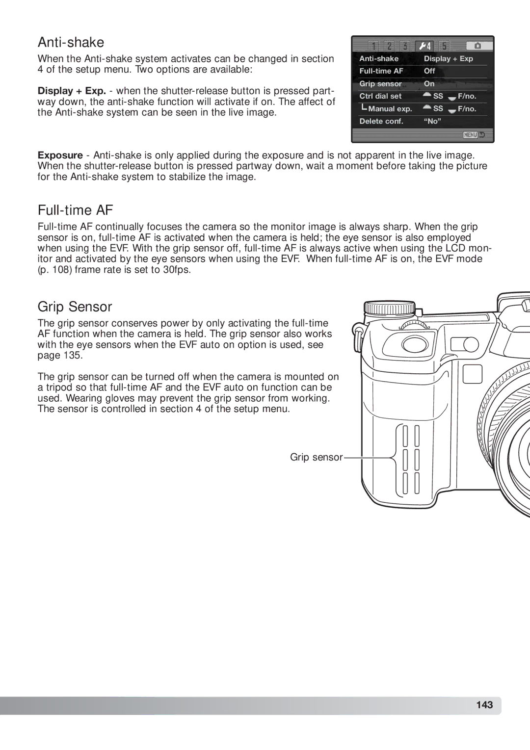 Konica Minolta DiMAGE_A2 instruction manual Anti-shake, Full-time AF, Grip Sensor, 143 