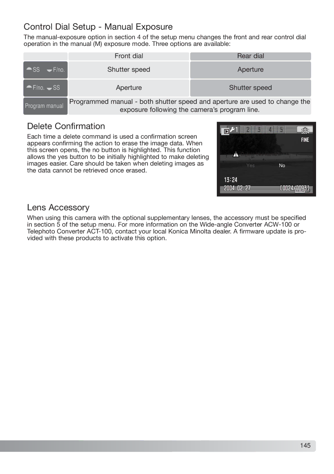 Konica Minolta DiMAGE_A2 instruction manual Control Dial Setup Manual Exposure, Delete Confirmation, Lens Accessory, 145 