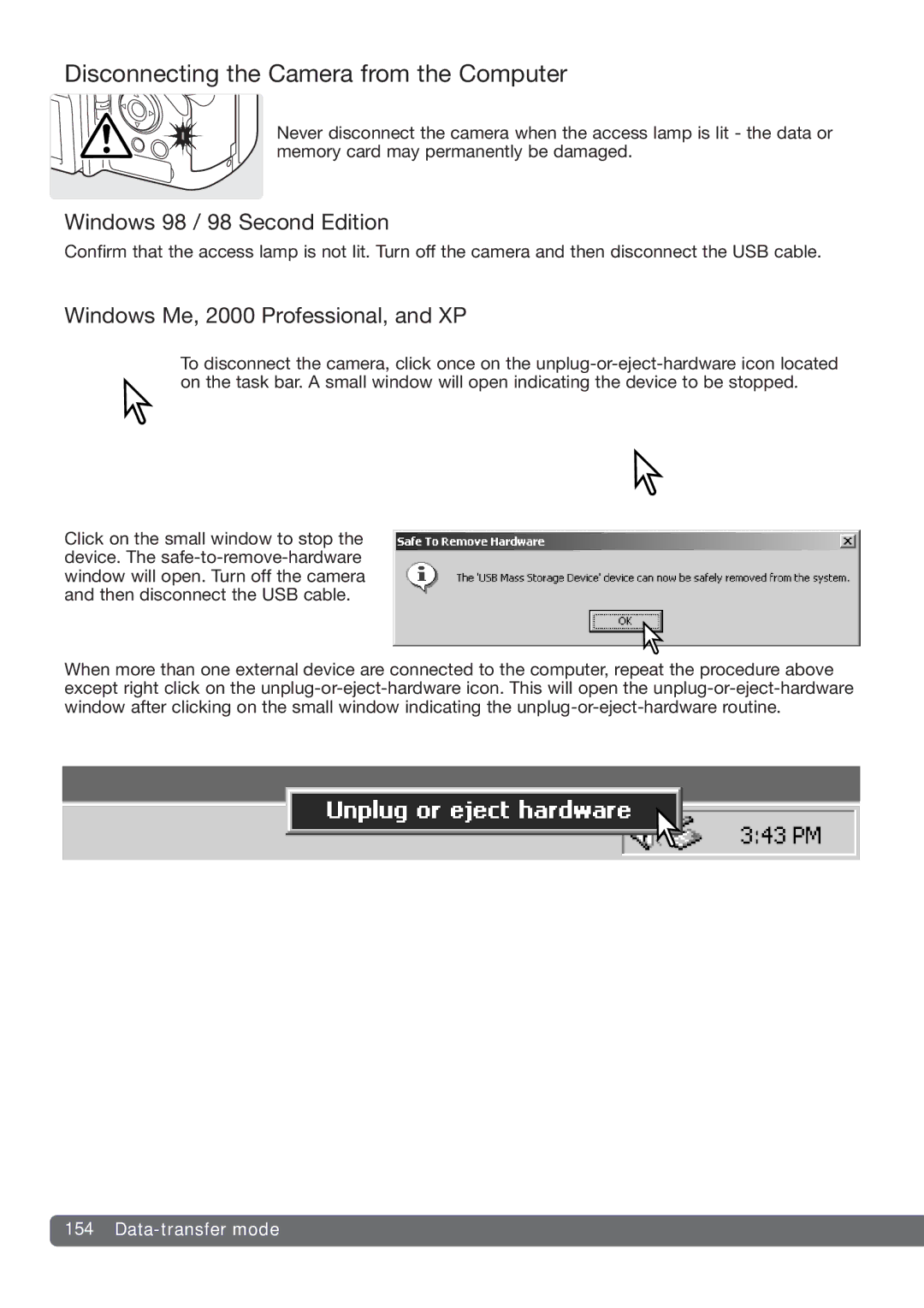 Konica Minolta DiMAGE_A2 instruction manual Disconnecting the Camera from the Computer, Windows 98 / 98 Second Edition 