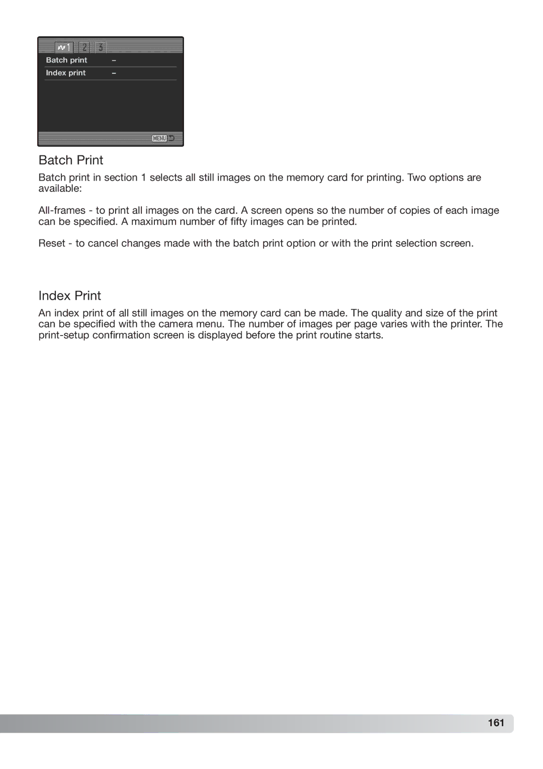 Konica Minolta DiMAGE_A2 instruction manual Batch Print, Index Print, 161 