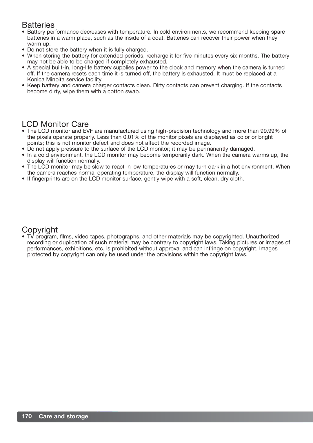 Konica Minolta DiMAGE_A2 instruction manual Batteries, LCD Monitor Care, Copyright 