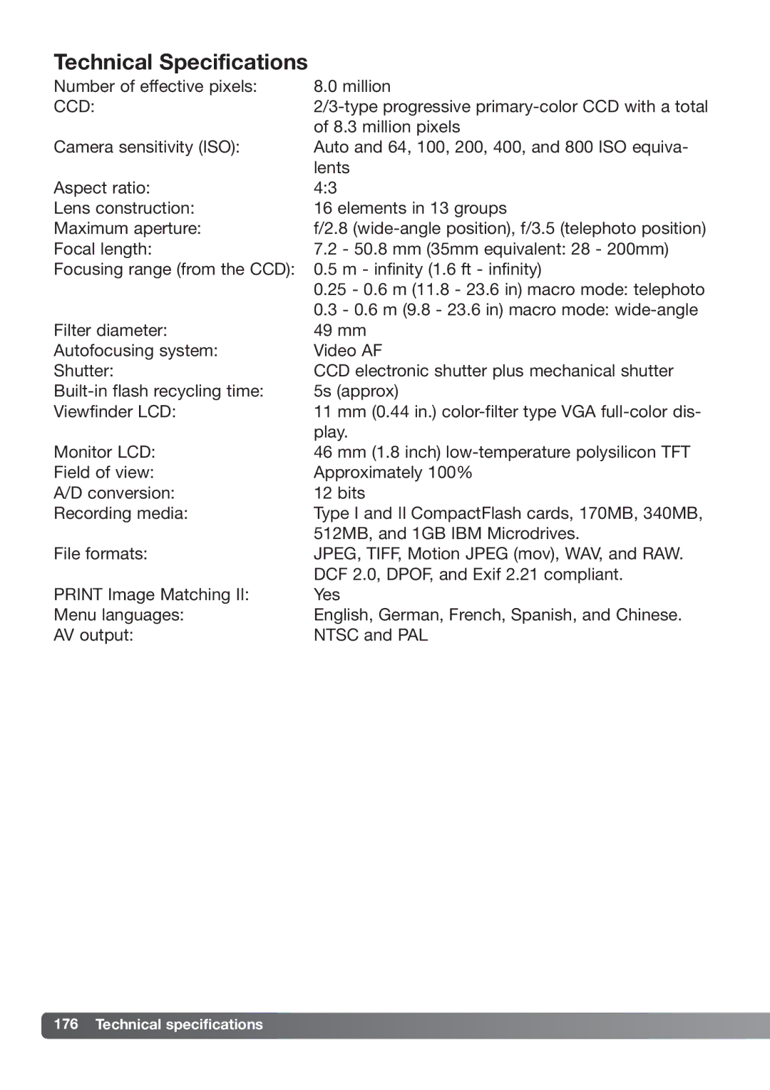 Konica Minolta DiMAGE_A2 instruction manual Technical Specifications, Technical specifications 