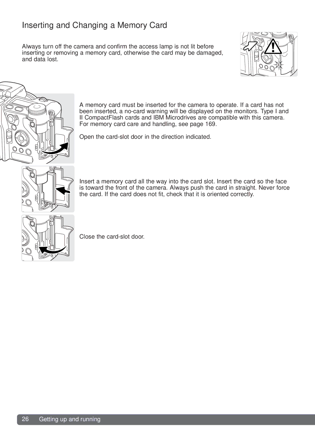 Konica Minolta DiMAGE_A2 instruction manual Inserting and Changing a Memory Card 