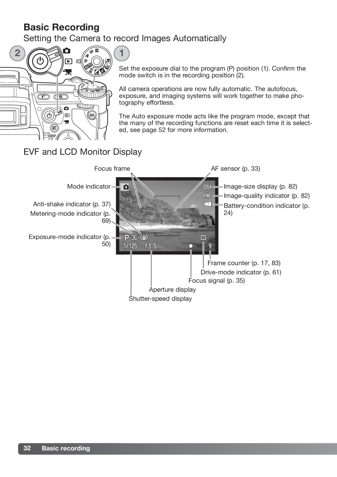 Konica Minolta DiMAGE_A2 Basic Recording, Setting the Camera to record Images Automatically, EVF and LCD Monitor Display 