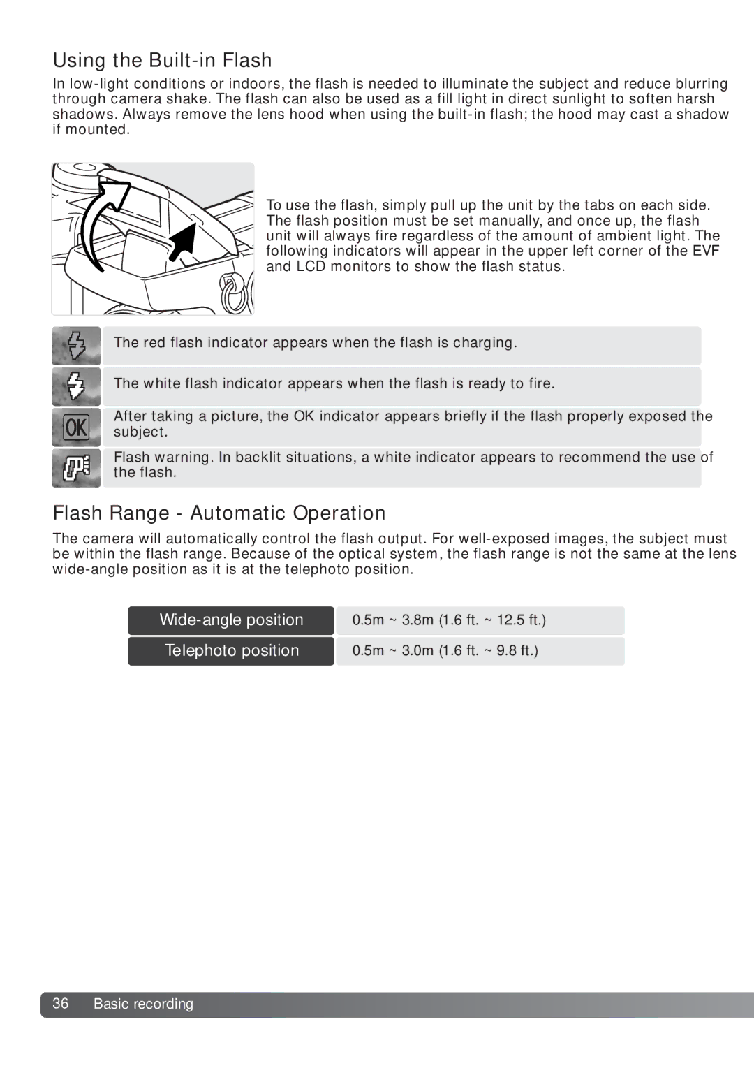 Konica Minolta DiMAGE_A2 instruction manual Using the Built-in Flash, Flash Range Automatic Operation 