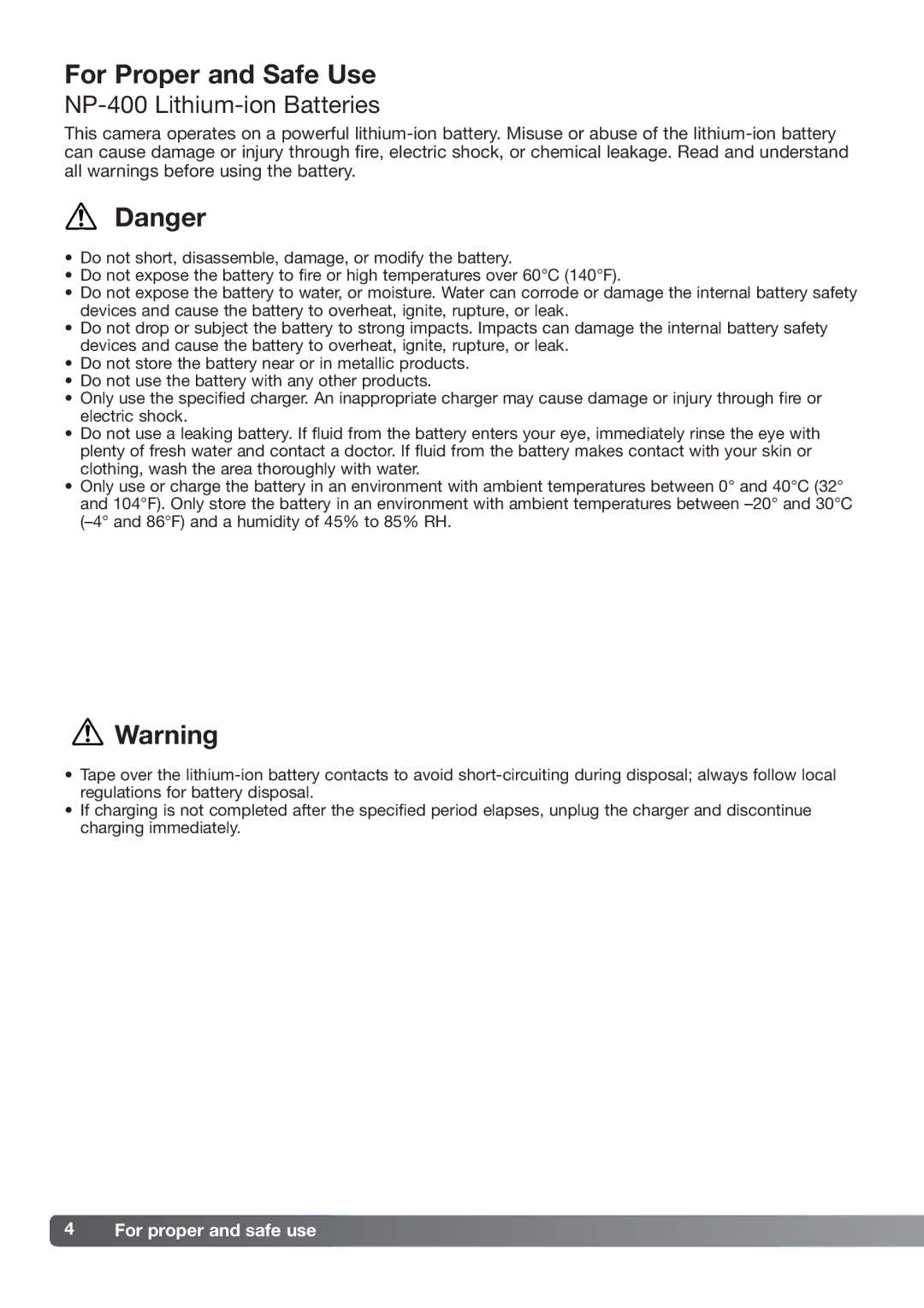 Konica Minolta DiMAGE_A2 instruction manual For Proper and Safe Use, NP-400 Lithium-ion Batteries, For proper and safe use 