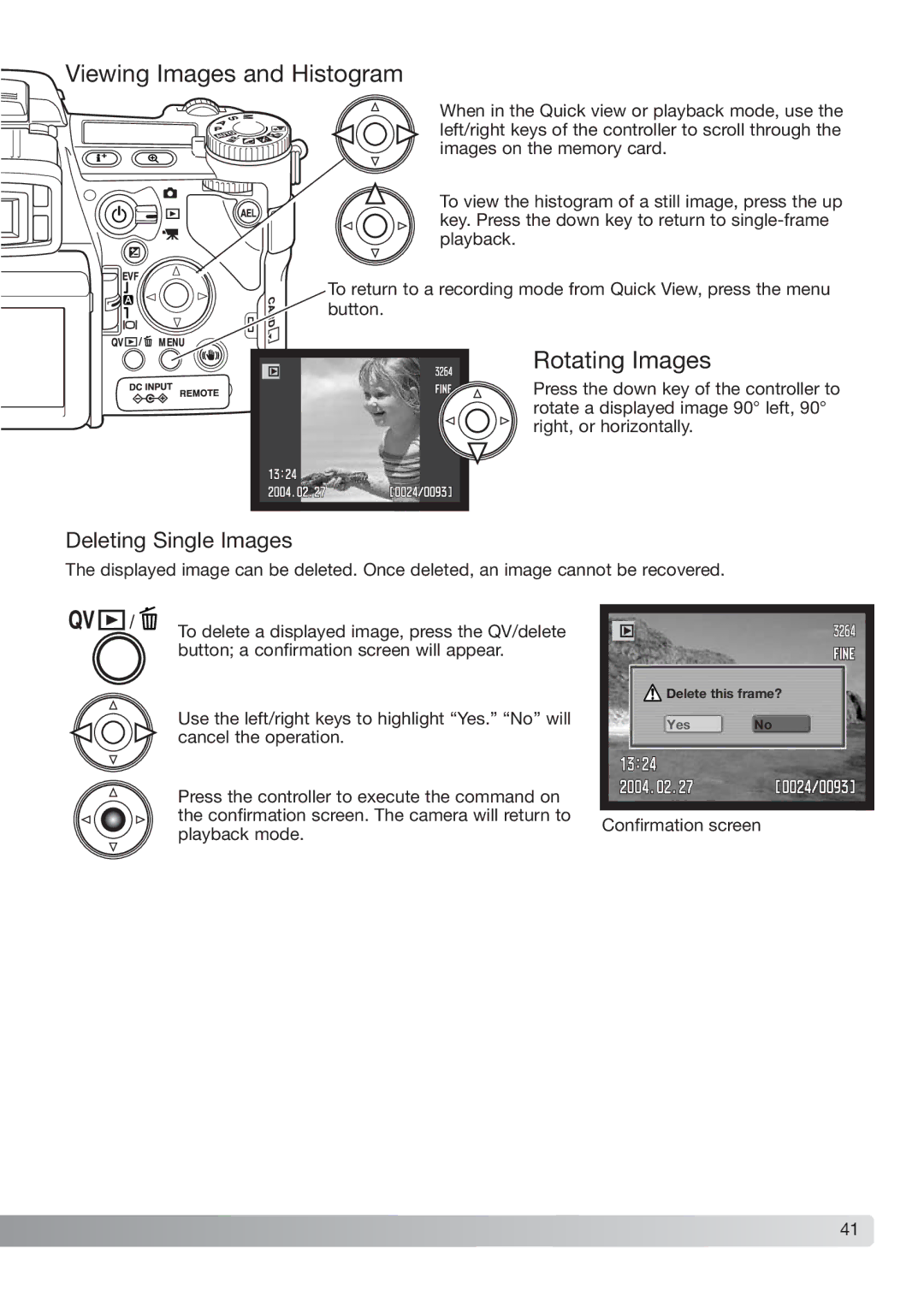 Konica Minolta DiMAGE_A2 instruction manual Viewing Images and Histogram, Rotating Images, Deleting Single Images 