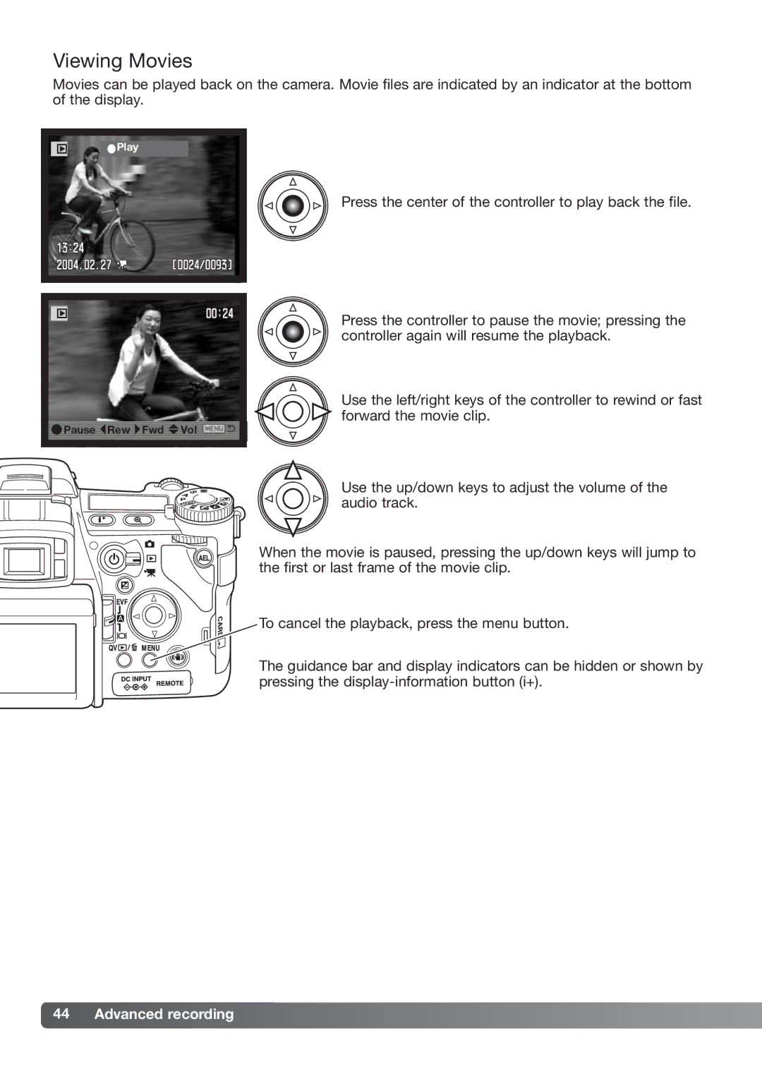 Konica Minolta DiMAGE_A2 instruction manual Viewing Movies, Advanced recording 