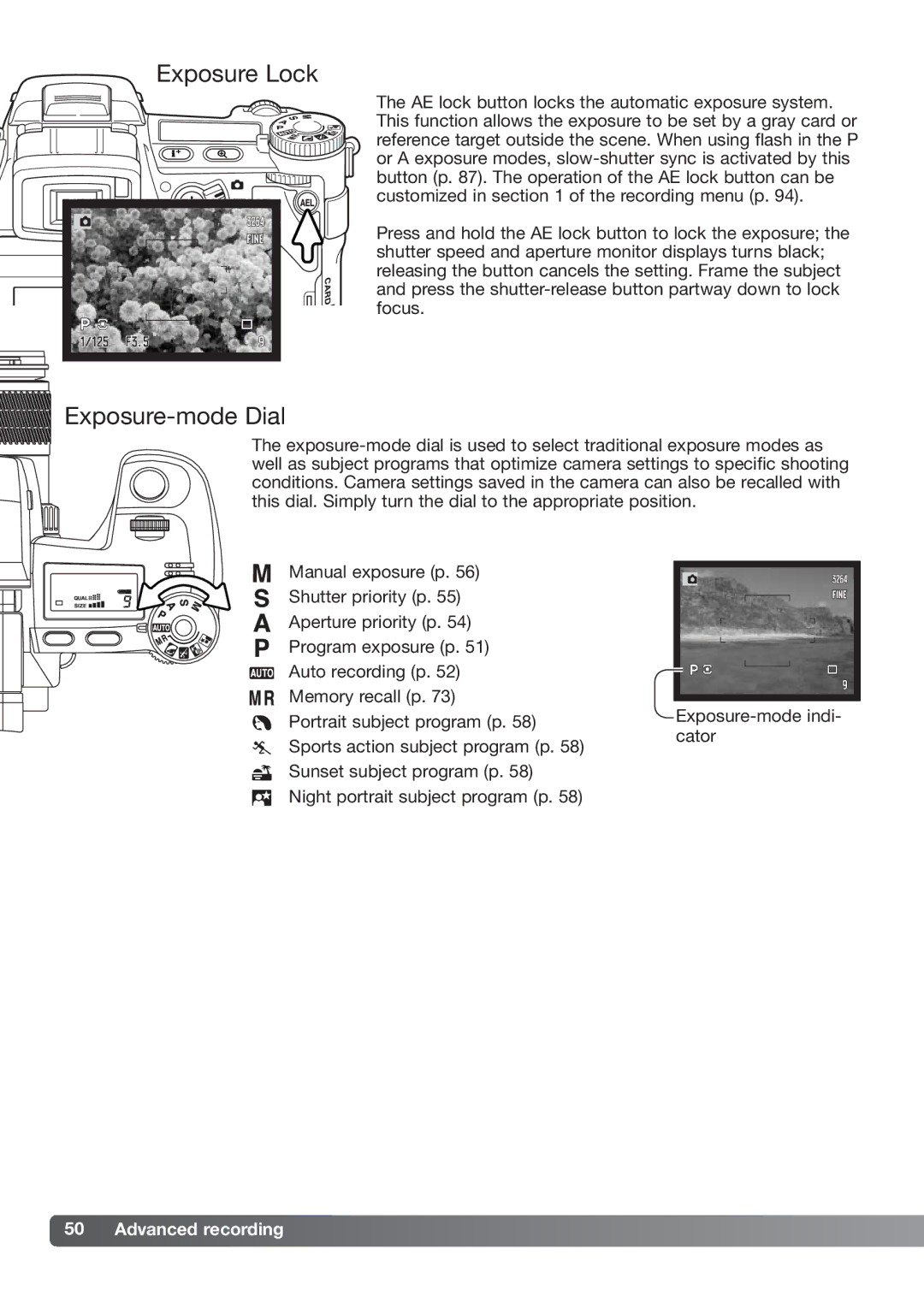 Konica Minolta DiMAGE_A2 instruction manual Exposure Lock, Exposure-mode Dial 