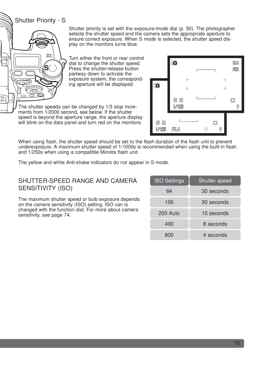 Konica Minolta DiMAGE_A2 instruction manual Shutter Priority S, SHUTTER-SPEED Range and Camera Sensitivity ISO 